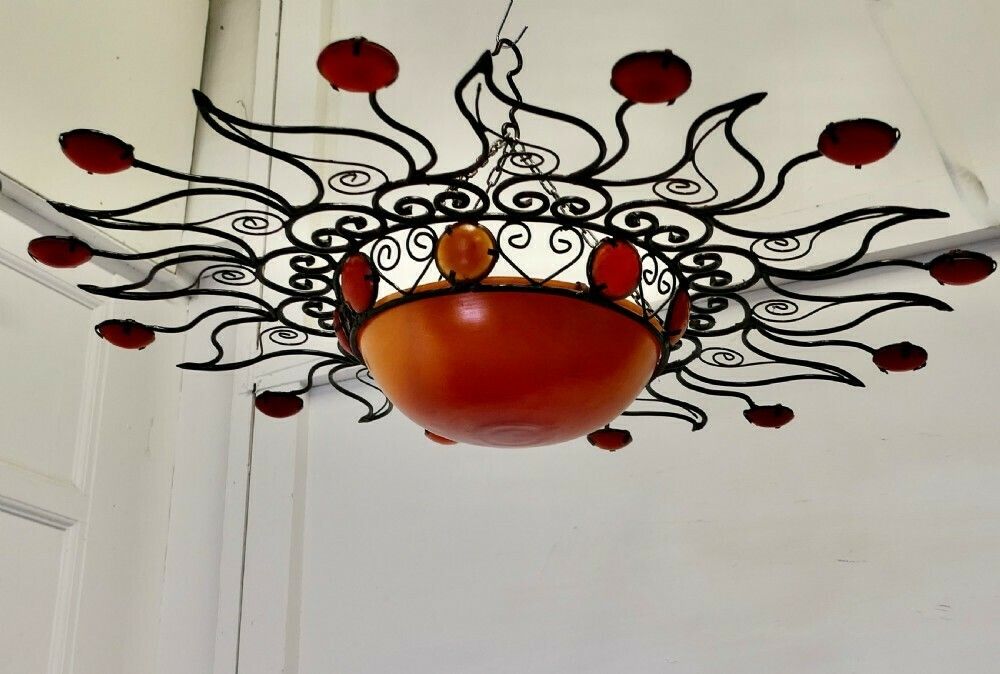 Large 1960s Moroccan Wrought Iron Sun Lamp Shade photo furniture