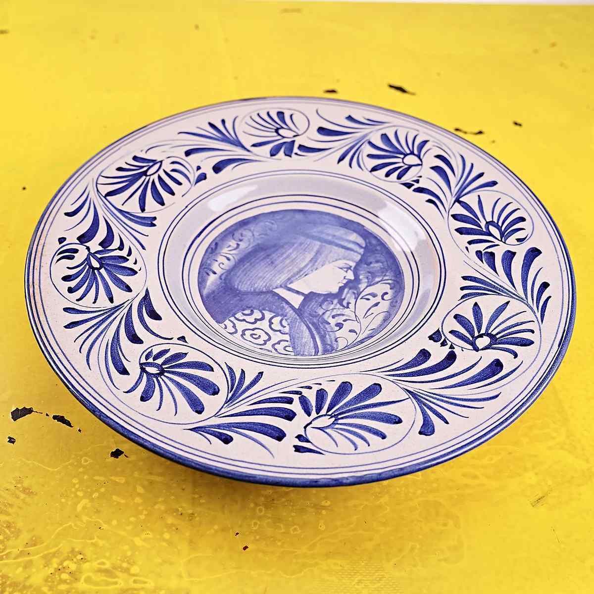Vintage Plate With Female Figure In Glazed Terracotta, Soup Plate