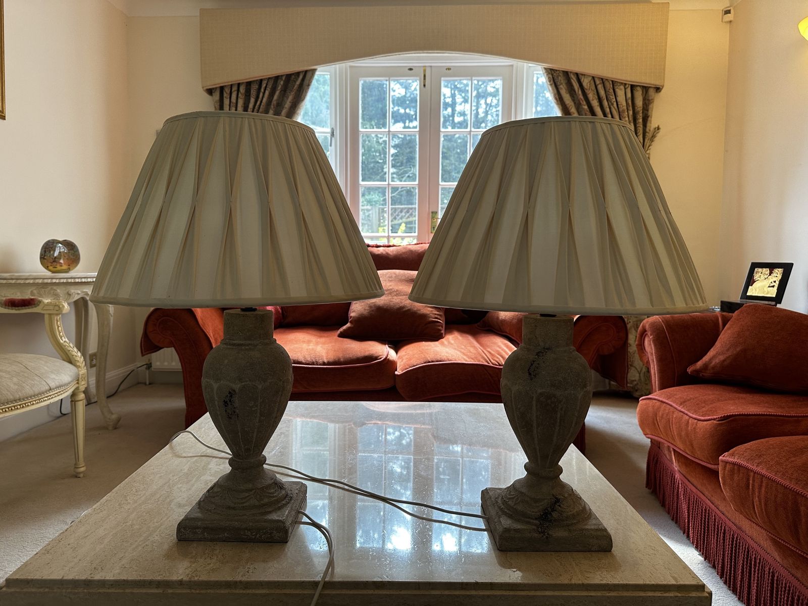 Matching Pair Of Ornate Stone Lamps &  Pleated Cream Lampshades photo Art
