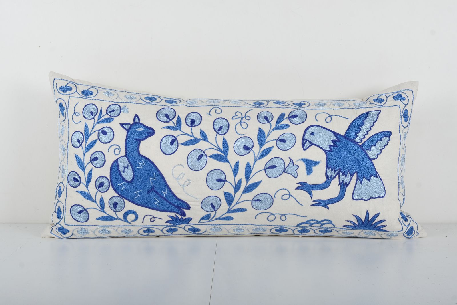 Tashkent Suzani Animal Bedding Pillow Case Made From Suzani, Lumbar Fish Blue Tashkent Cushion Cover
