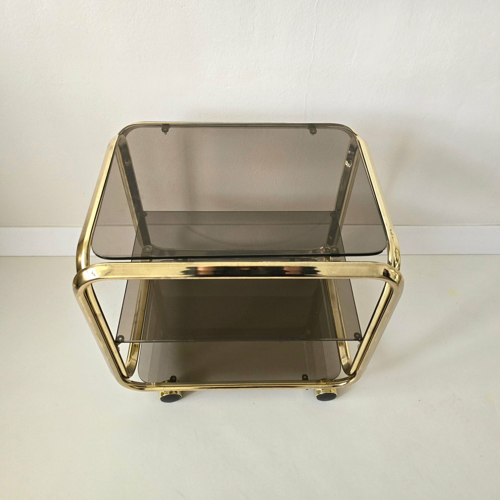 Vintage Hollywood Regency Brass/Smoked Glass Bar Cart photo vinterior