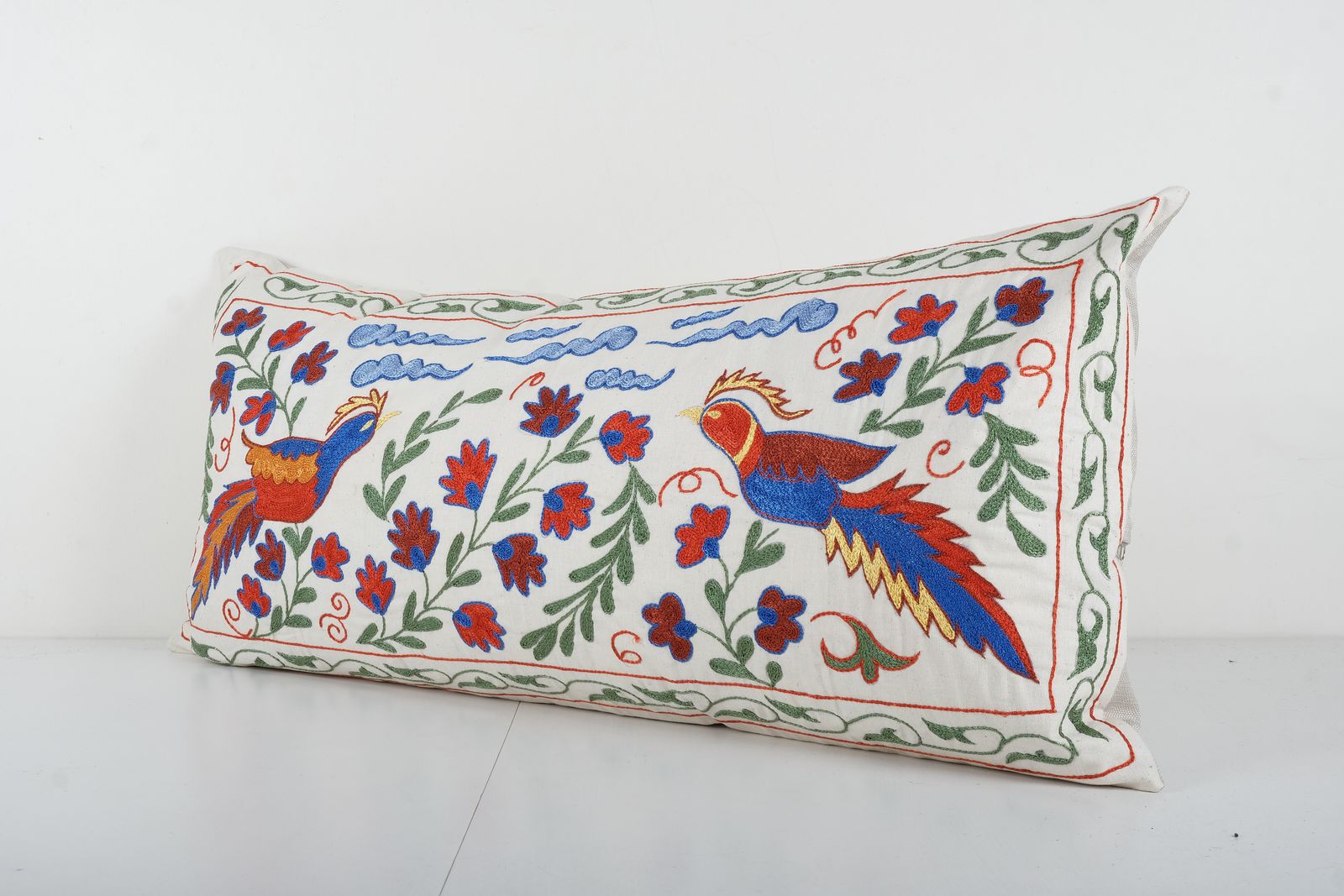 Uzbek Extra Long Suzani Cover With Bird Motif, Tree Of Life Suzani Pillow Case Made From Cotton Fabric photo Textiles