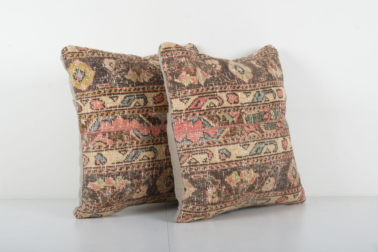 Vintage Striped Organic Turkish Pillow, Pair Brown And Tan Handwoven Oushak Carpet Pillow, Set Wool  Cover photo furniture