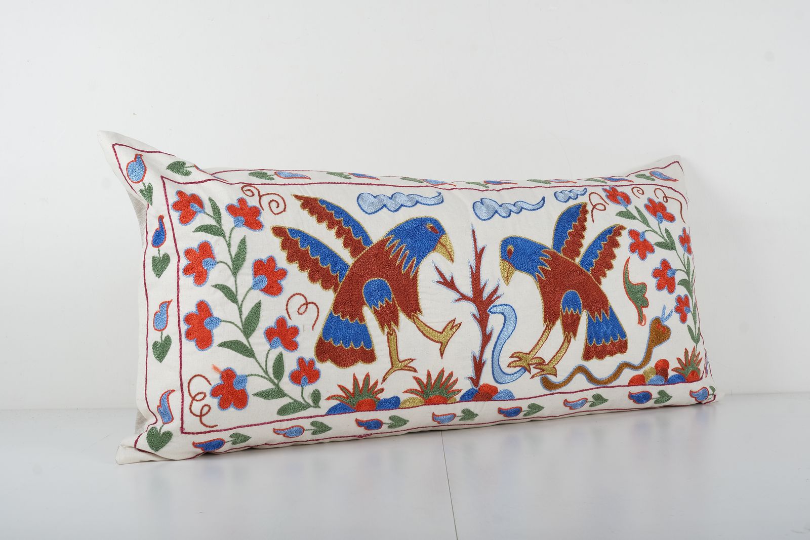 Animal Suzani Pillow Cover, Bird And Snack Tribal Cushion Cover, 1960s Samarkand Uzbek Suzani Textile photo for sale