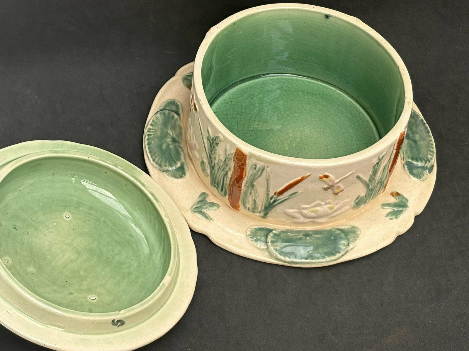 Antique Danish Ceramic Butter Or Cheese Round Dish With Cover Lidded Butter Dish Scandinavian Stoneware Bird Decoration Bamboo And Lotus photo for sale