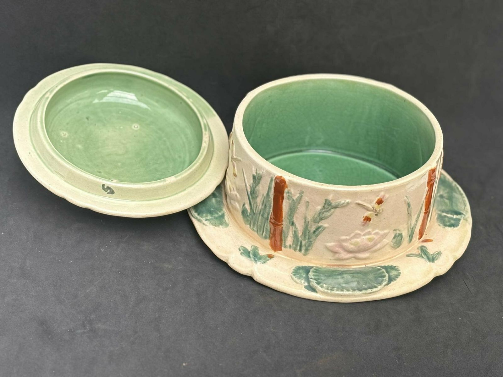 Antique Danish Ceramic Butter Or Cheese Round Dish With Cover Lidded Butter Dish Scandinavian Stoneware Bird Decoration Bamboo And Lotus photo vinterior