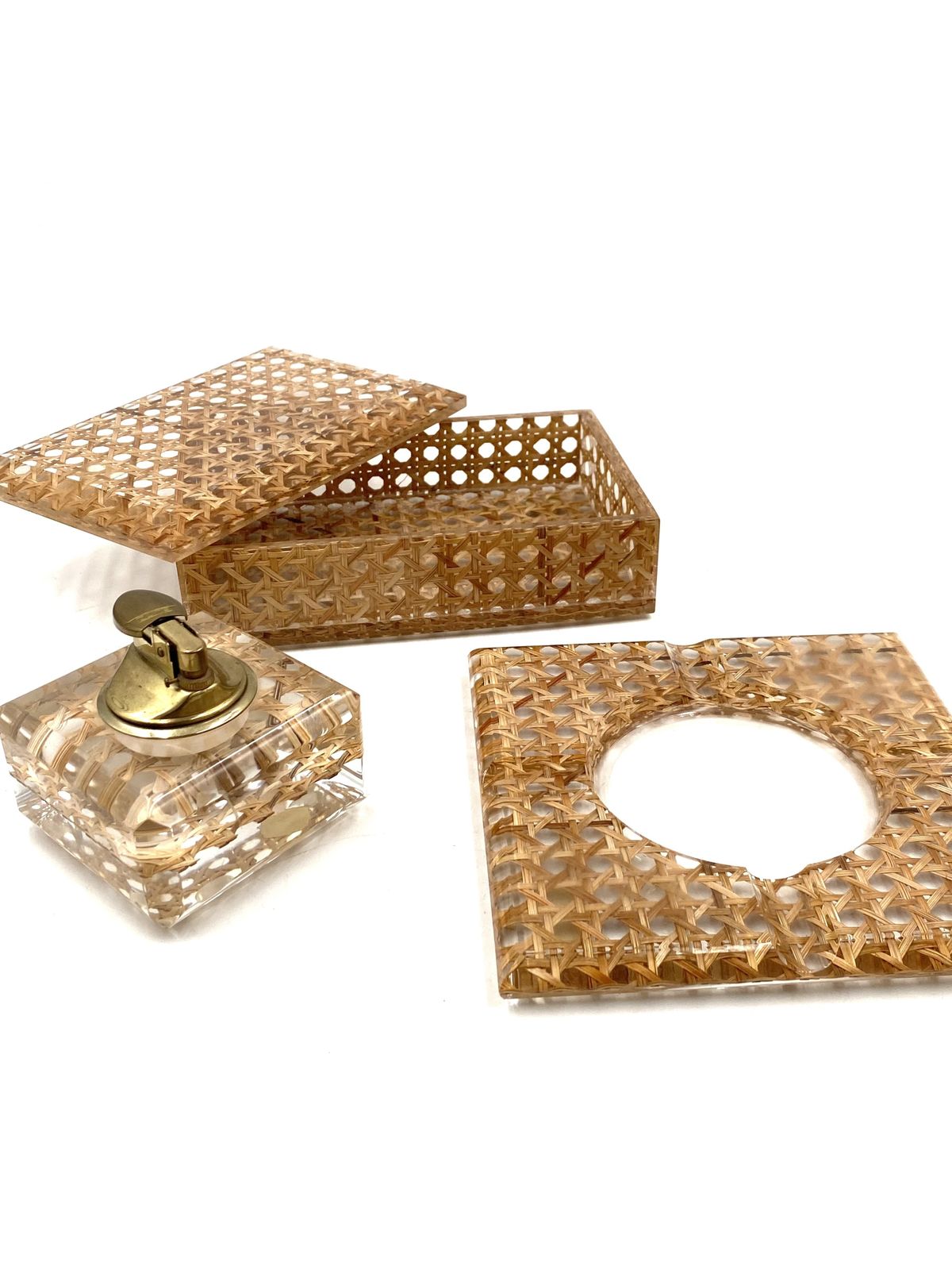 Hollywood Regency Smoking Set, Lucite And Vienna Stray, Italy 1970 photo vintage