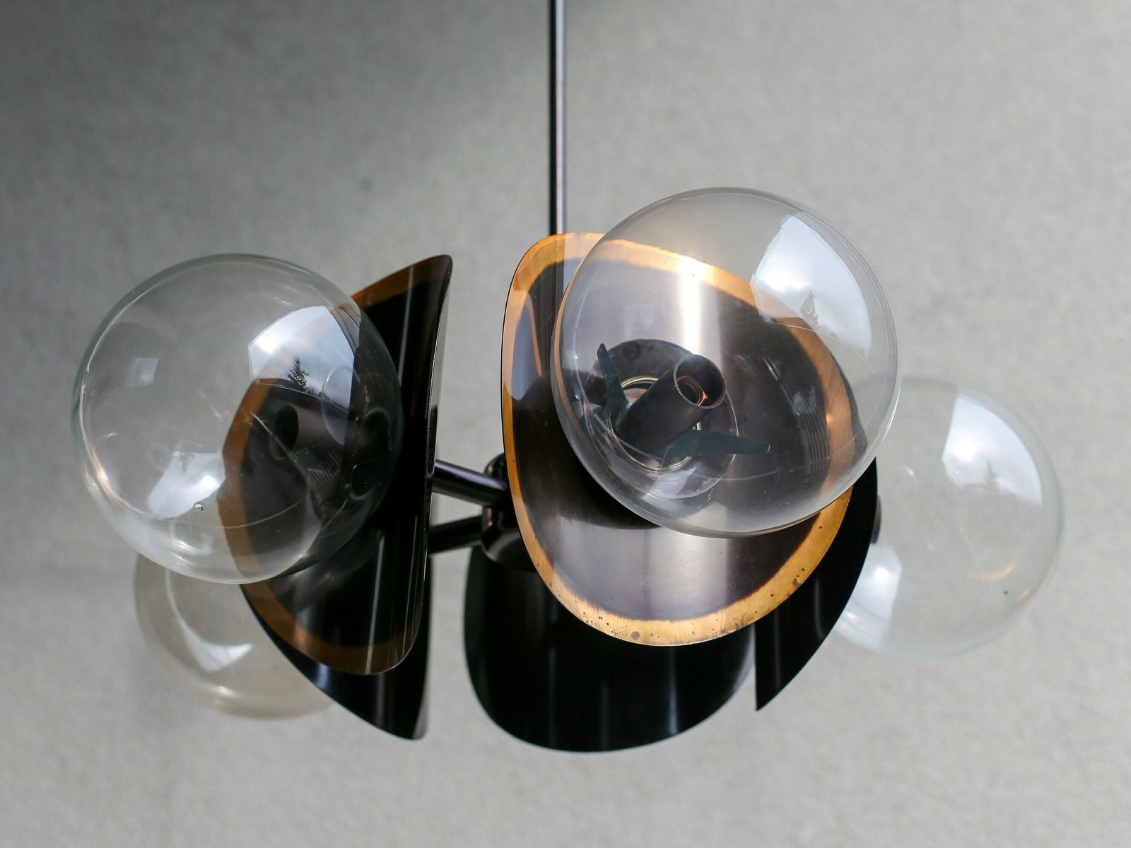 Mid Century Modern Copper Globe Hanging Light Fixture / Brutalist Smoked Glass Sputnik Chandelier / Vintage Pendant Light / Yugoslavia photo furniture