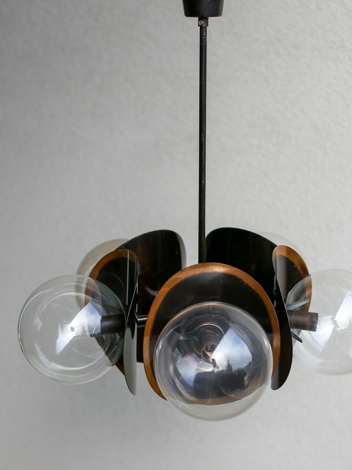 Mid Century Modern Copper Globe Hanging Light Fixture / Brutalist Smoked Glass Sputnik Chandelier / Vintage Pendant Light / Yugoslavia photo Lighting
