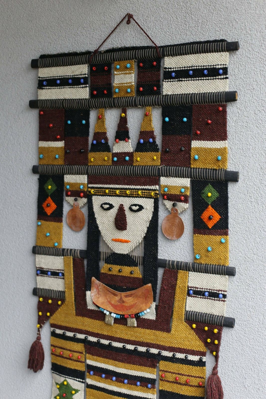 Xxl 1970s Beaded Bohemian Wall Hanging Tapestry / Mid Century Modernist Wall Hanging / Vintage Folk Art Tapestry / Ethnic Boho Chic Decor