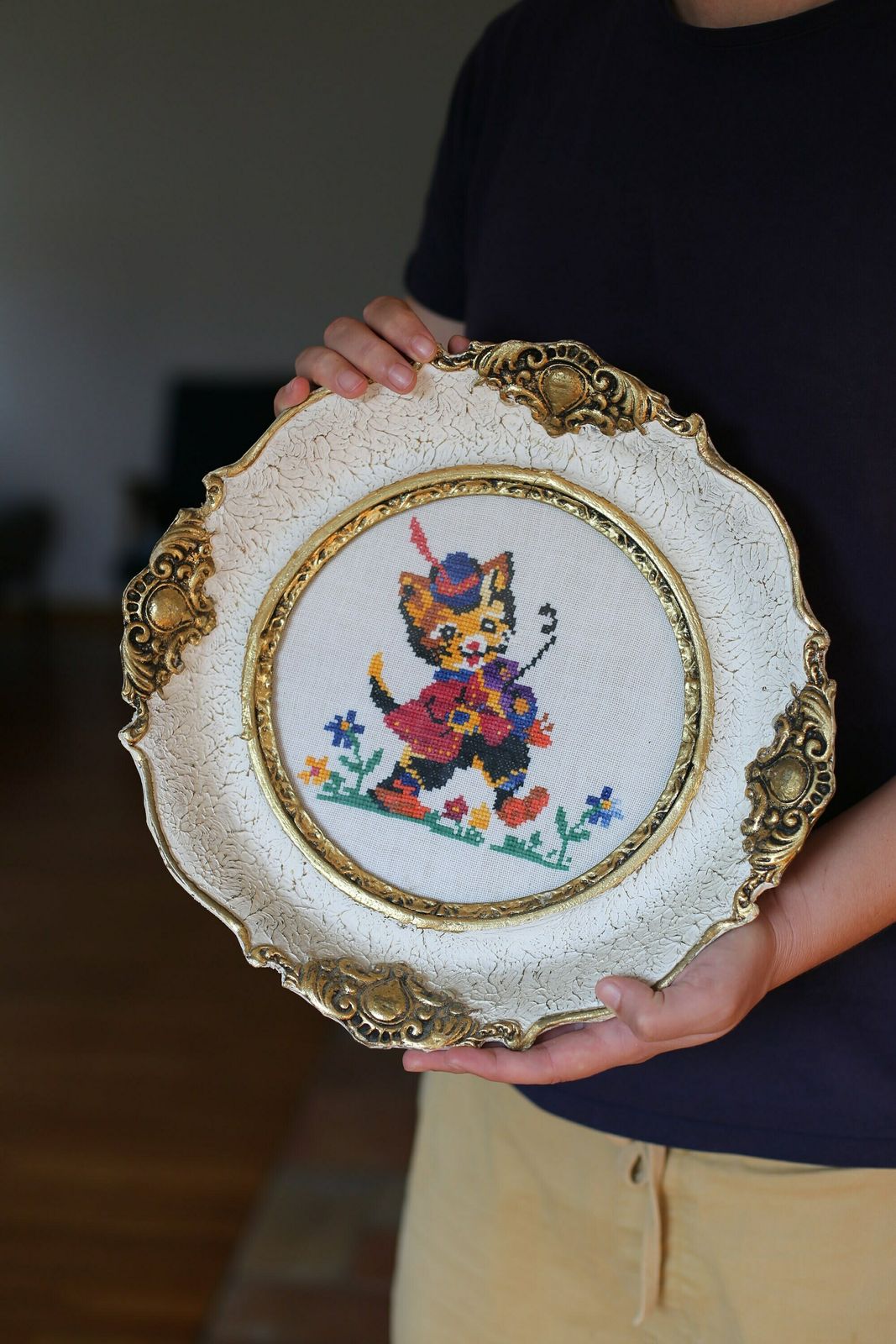 Vintage Framed Handmade Yugoslavia Gobelin Tapestry / Antique Cat Gobelin Tapestry / Round Needlepoint Cross Stitch Embroidery / Kids Room photo buy