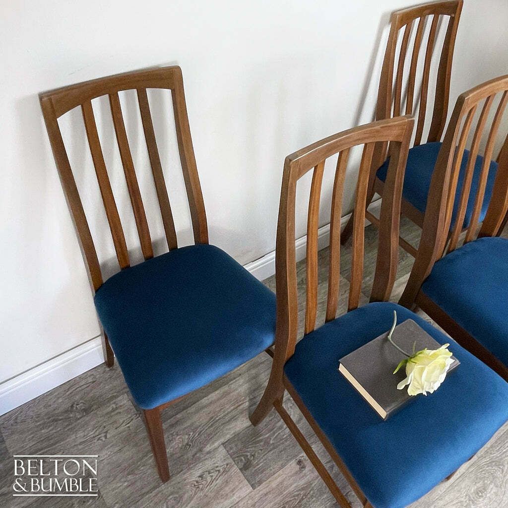 Set Of Four Teak Dining Chairs With Navy Velvet photo for sale
