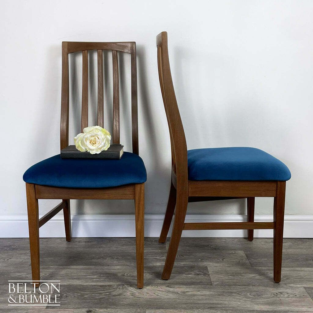 Set Of Four Teak Dining Chairs With Navy Velvet photo 695.0