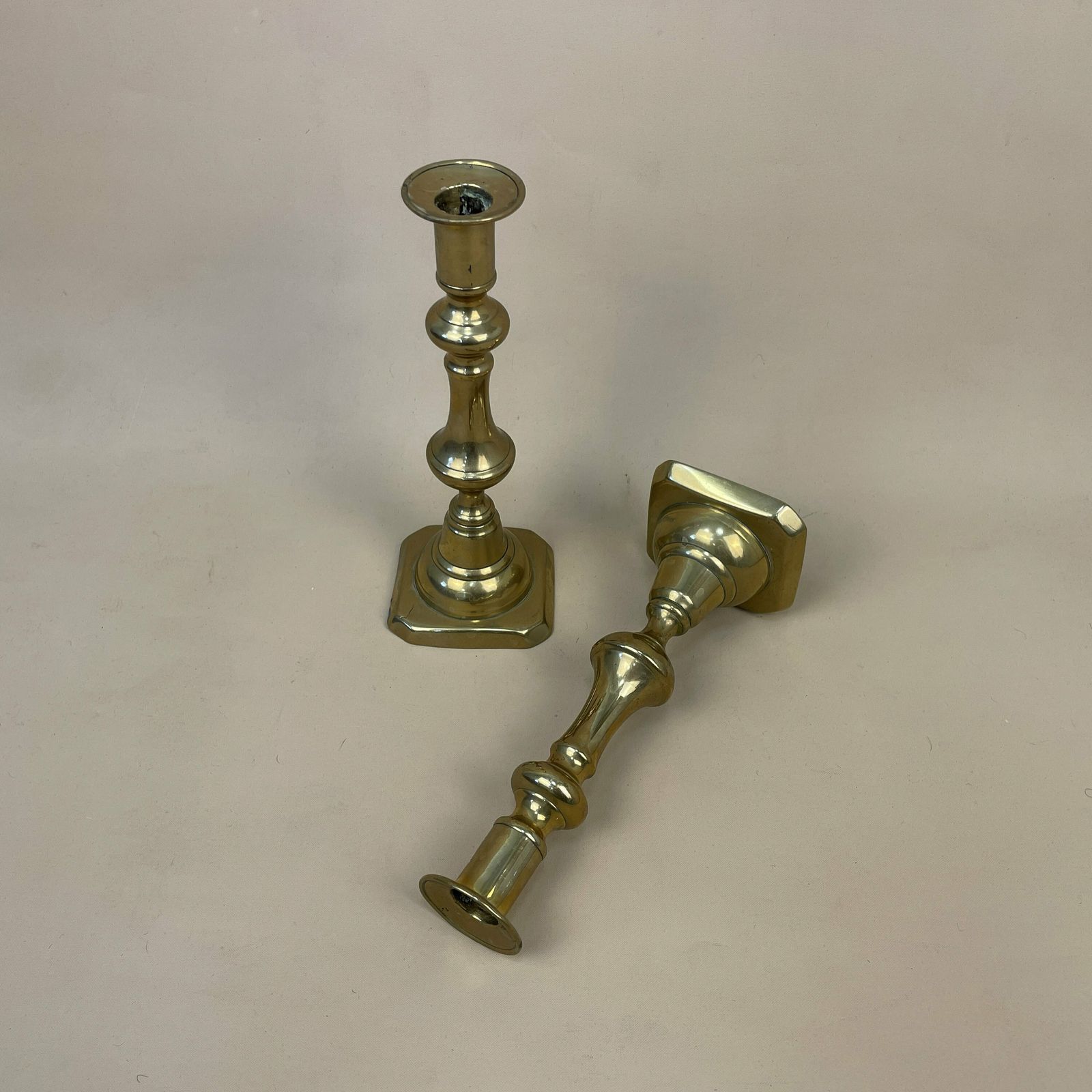 Antique Matching Pair Of Gold Solid Brass Metal Candlestick Candle Stick Vintage Column Taper Dinner Candlesticks Square Base Set Table Top photo furniture