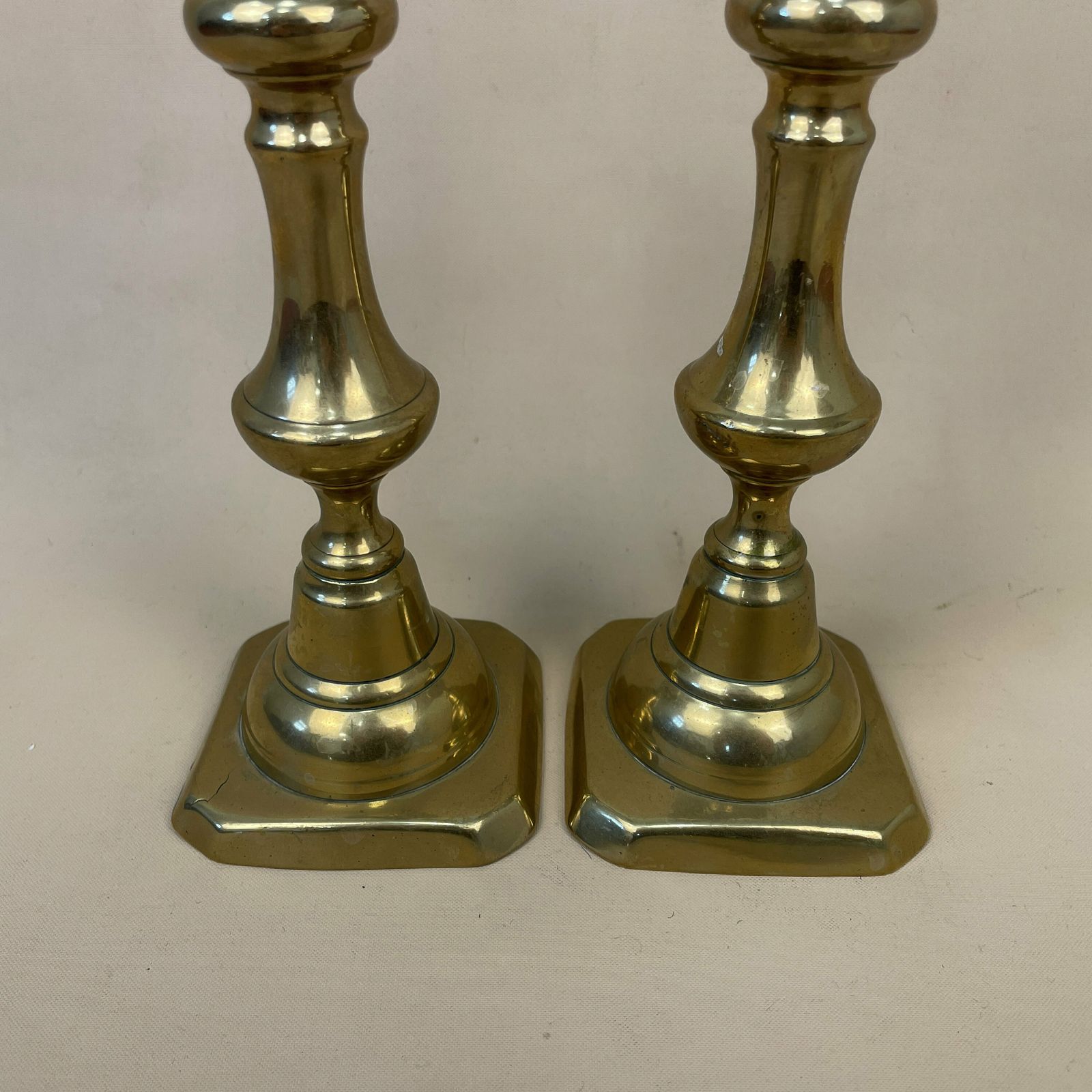 Antique Matching Pair Of Gold Solid Brass Metal Candlestick Candle Stick Vintage Column Taper Dinner Candlesticks Square Base Set Table Top photo Home Decor
