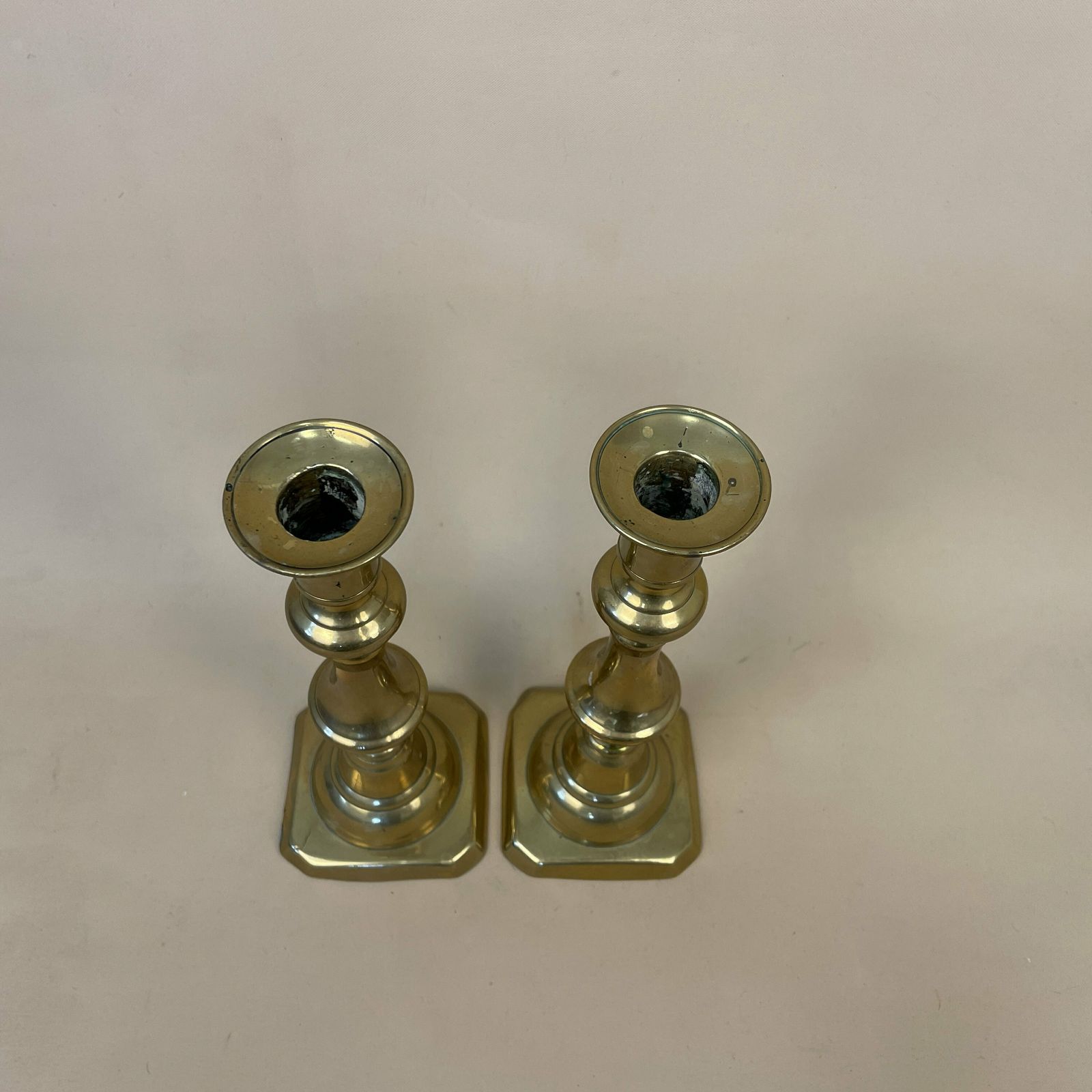 Antique Matching Pair Of Gold Solid Brass Metal Candlestick Candle Stick Vintage Column Taper Dinner Candlesticks Square Base Set Table Top photo 55.0