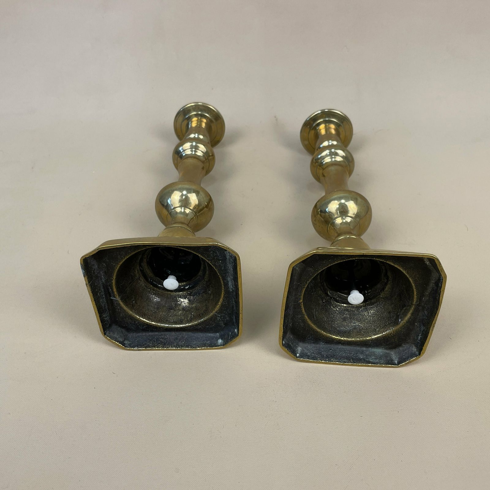 Antique Matching Pair Of Gold Solid Brass Metal Candlestick Candle Stick Vintage Column Taper Dinner Candlesticks Square Base Set Table Top photo vinterior