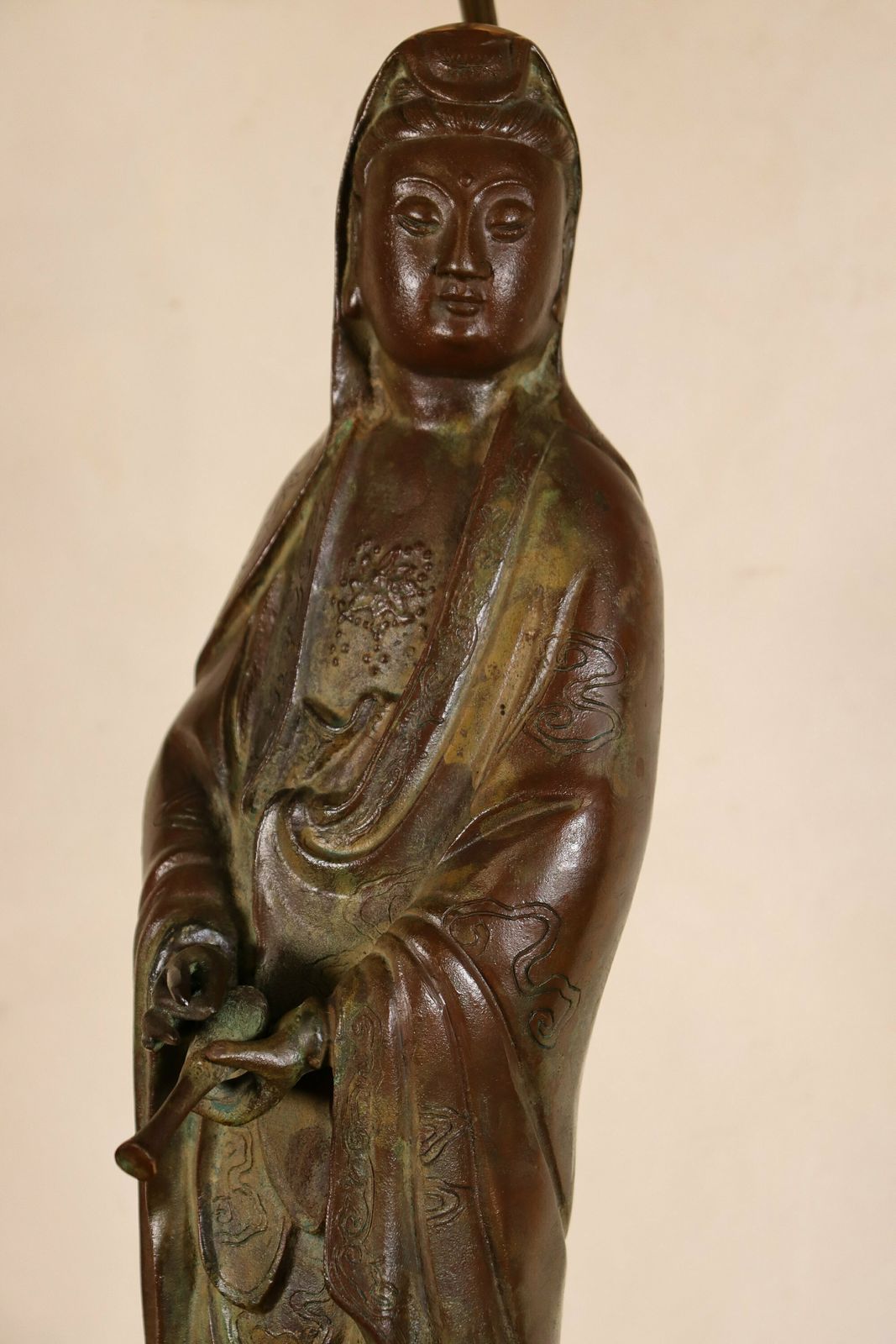 Bronzen Guanyin Lamp Met Lotusvormige Kap, Jaren 1970 – Hollywood Regency (St.169) photo Verlichting