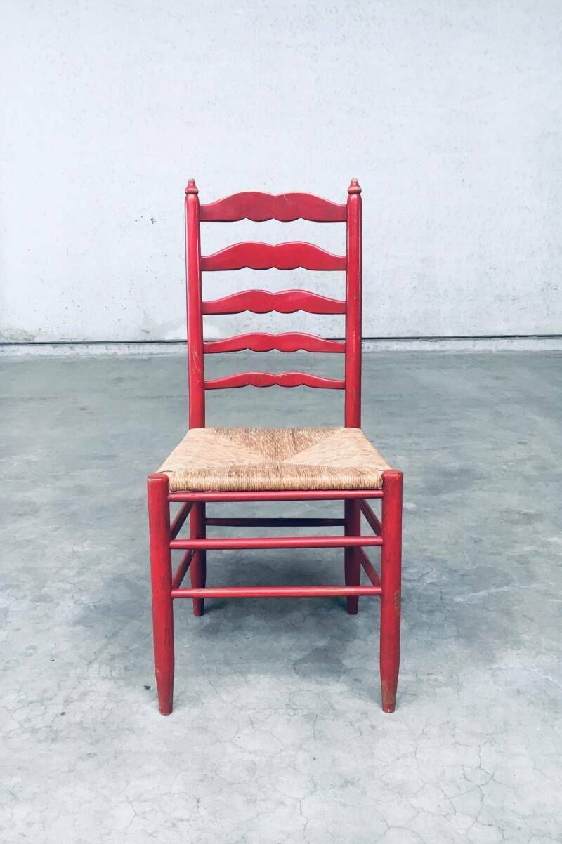 Furniture 1930's Rustic Red High Ladder Back Wood & Rush Chair Set photo