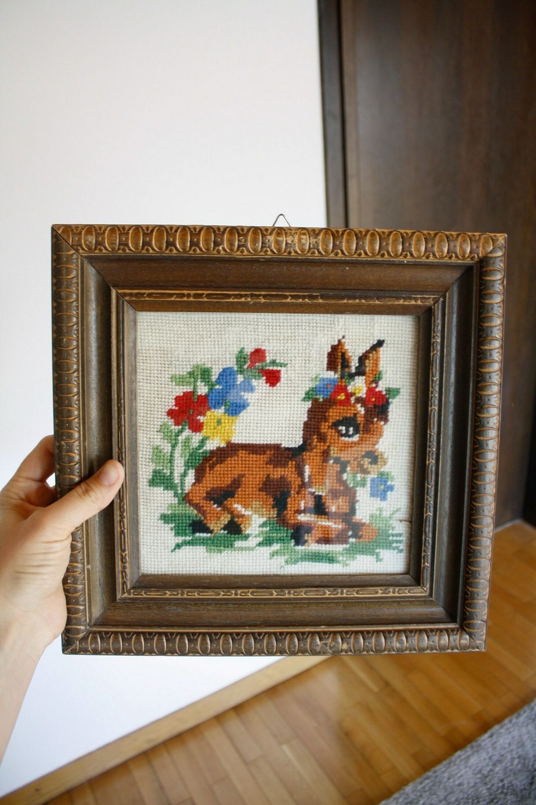 Vintage Framed Bambi Needlepoint Embroidery Wall Hanging / Vintage Gobelin Tapestry / Vintage Framed Art / Kids Room Decor / Yugoslavia photo for sale