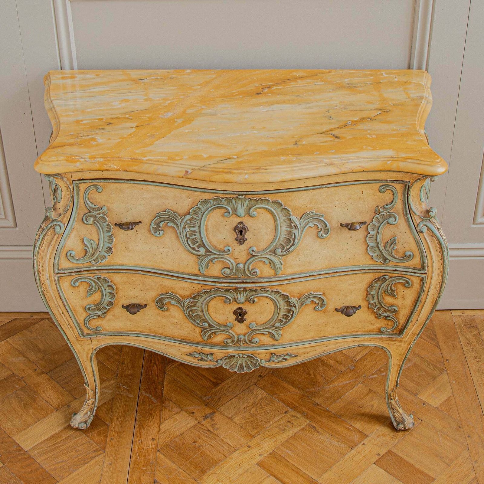 photo for sale Italian Hand Painted Louis XV Style Bombe Chest, Circa Mid 1900's