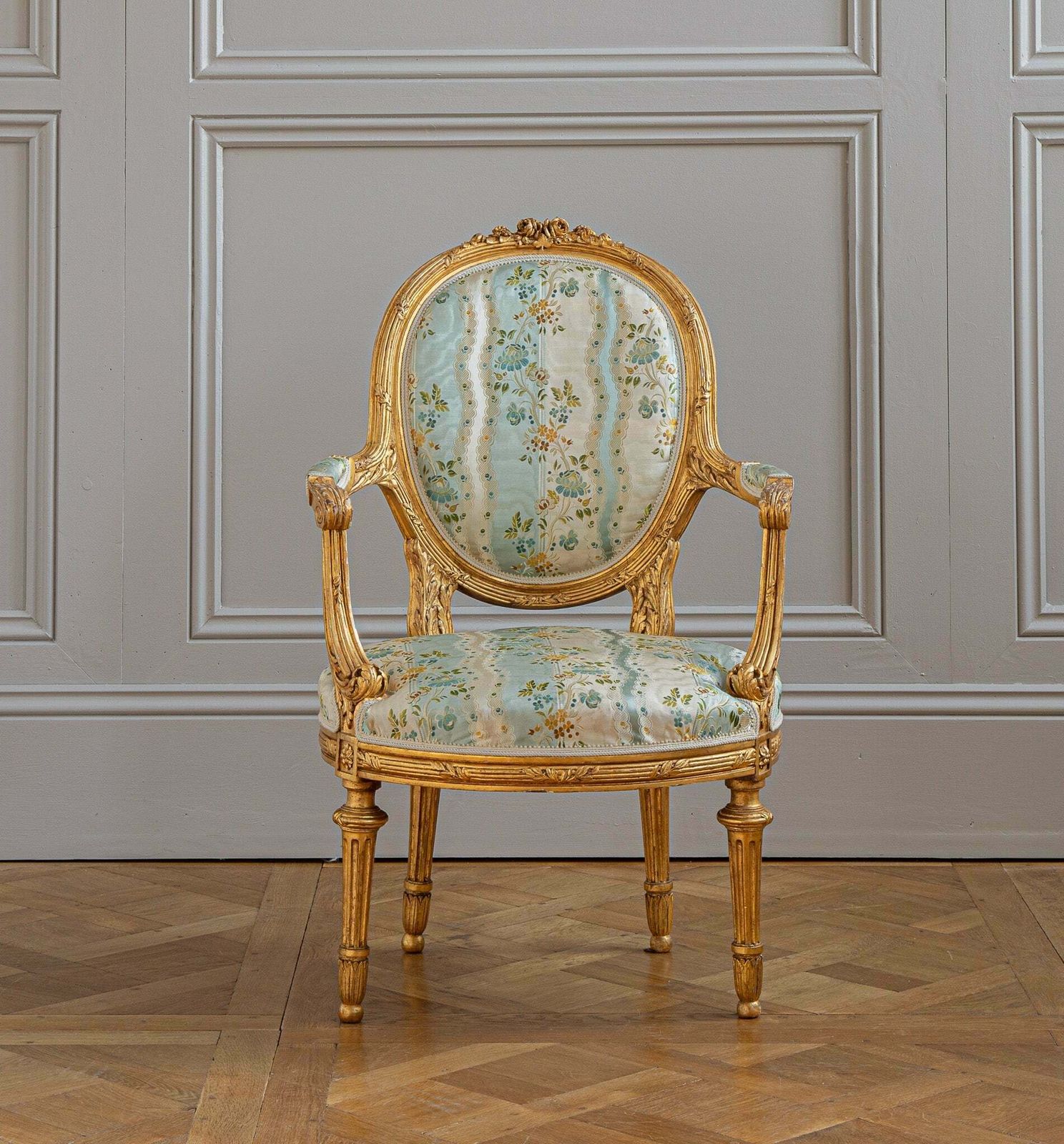 French Louis XVI Style Giltwood Armchair & Foot Stool, Circa Late 1800's photo for sale