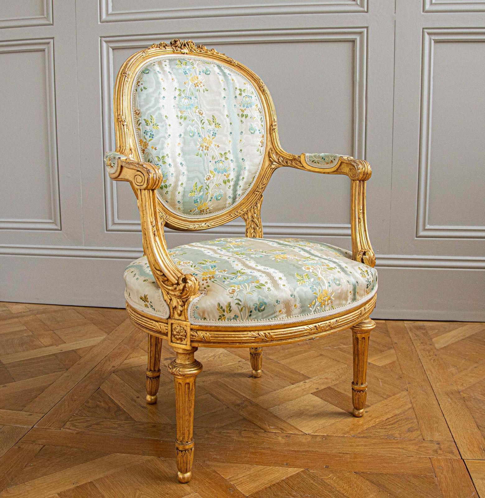French Louis XVI Style Giltwood Armchair & Foot Stool, Circa Late 1800's photo 2350.0