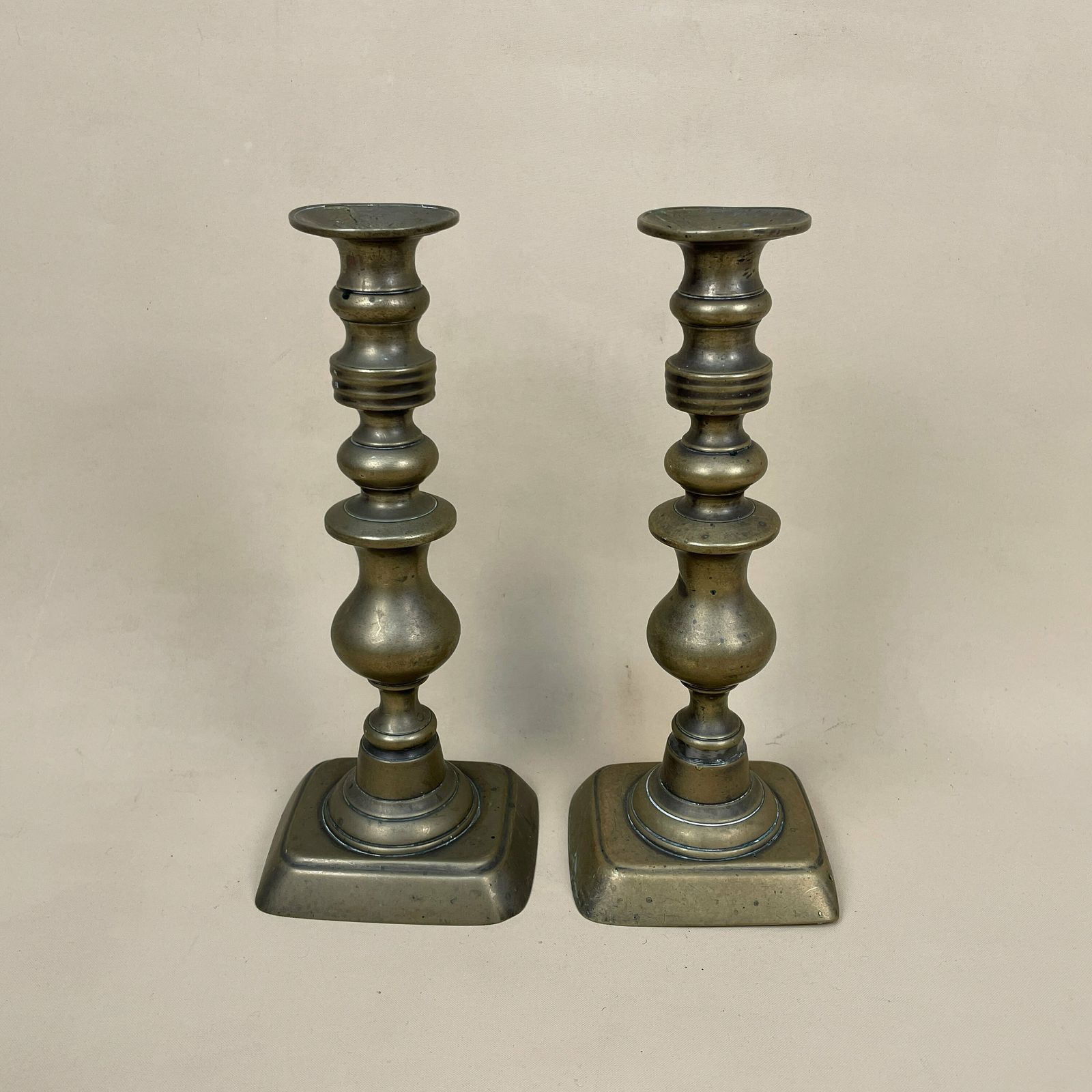 Antique Matching Pair Of Gold Brass Metal Candlestick Candle Stick Vintage Column Taper Dinner Candlesticks Twisted Twist Round Base photo for sale