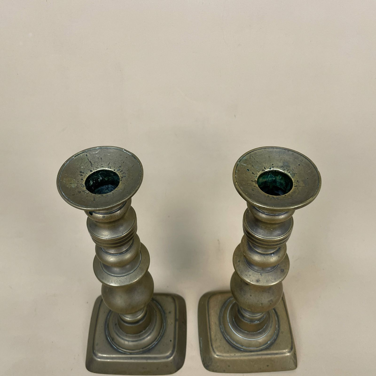 Antique Matching Pair Of Gold Brass Metal Candlestick Candle Stick Vintage Column Taper Dinner Candlesticks Twisted Twist Round Base photo buy