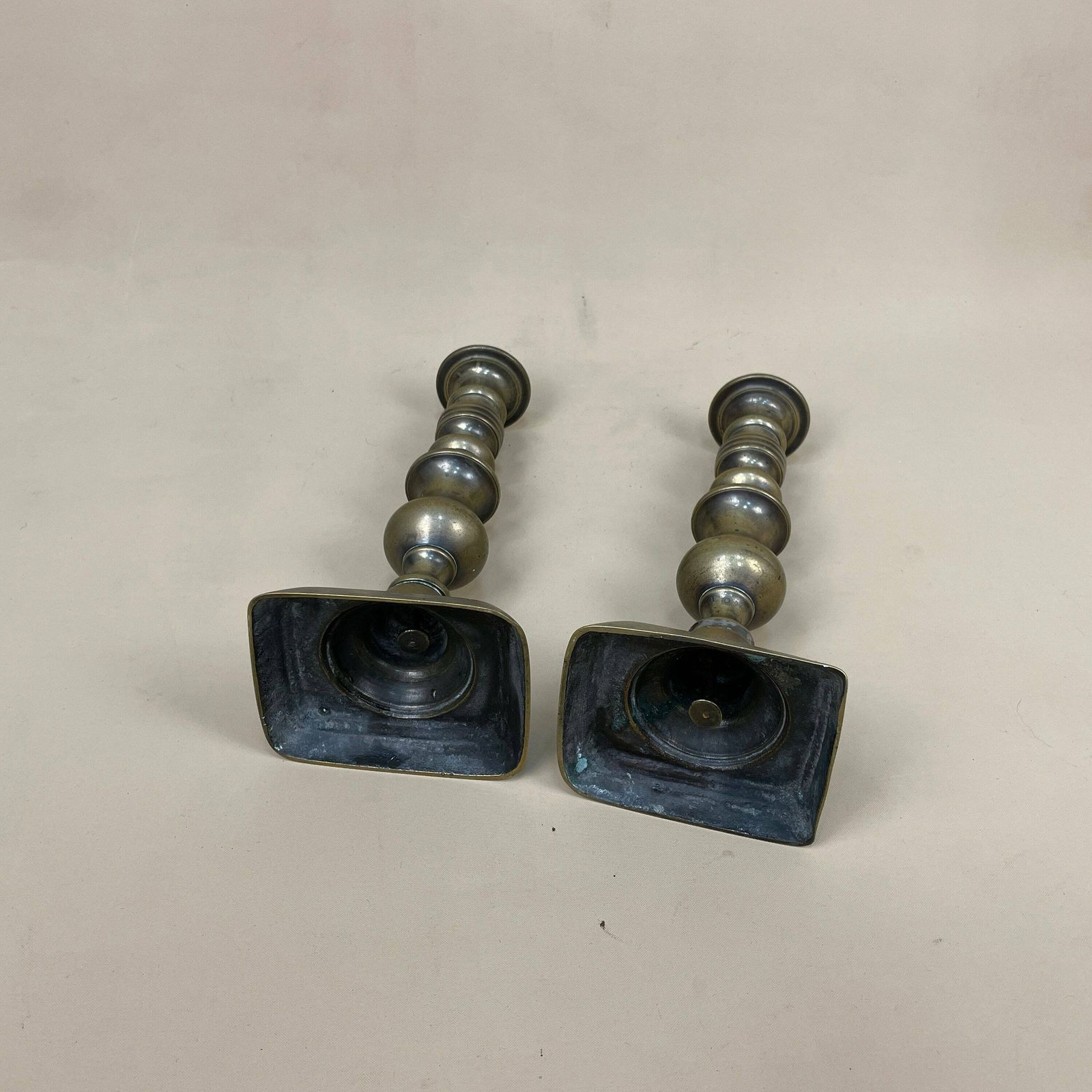 photo for sale Antique Matching Pair Of Gold Brass Metal Candlestick Candle Stick Vintage Column Taper Dinner Candlesticks Twisted Twist Round Base