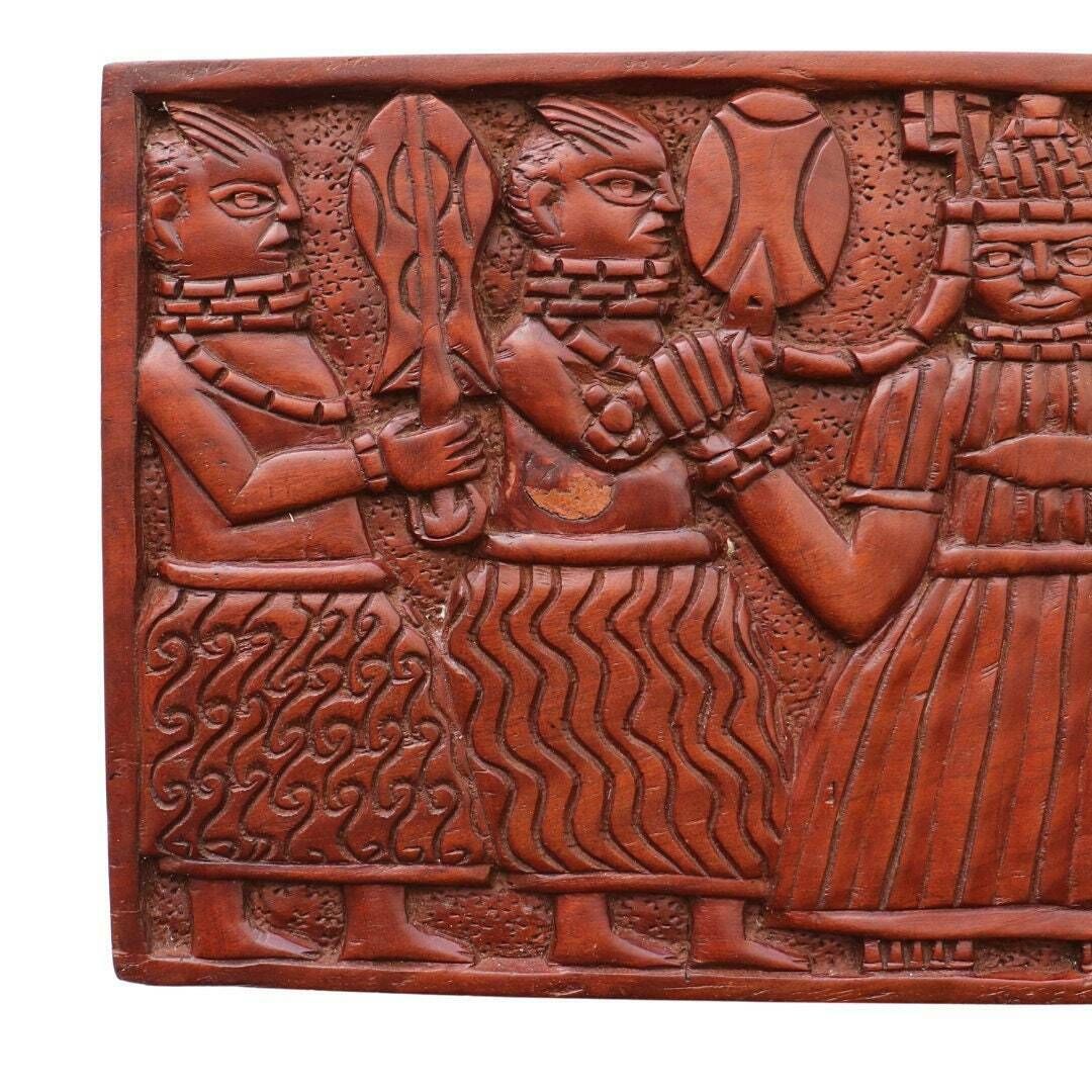 Large Solid Carved Teak Wood African Panel Depicting African Queen And Subdits, African Tribal Wall Art, Mid Century African Panel photo Art