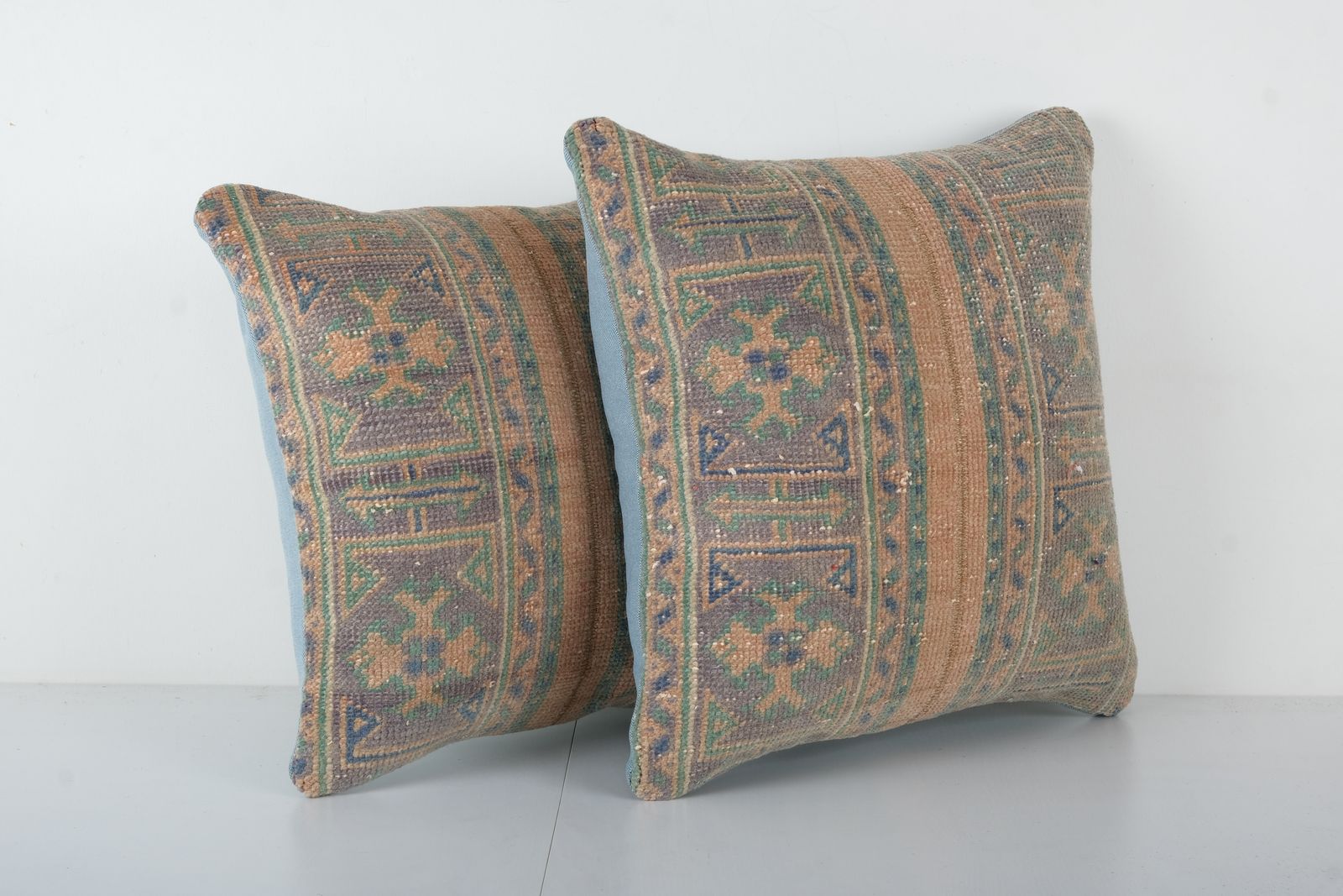 Pair Organic Wool Outdoor Turkish Carpet Pillow Covers, Set Of Two Faded Vintage Oushak Cover Tribal Pillows  Art photo furniture