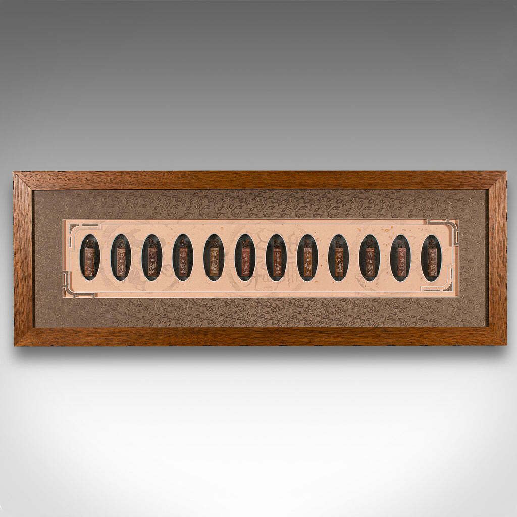 Antique Zodiac Seal Display, Chinese, Soapstone Shengxiao, Oak Frame, Victorian photo furniture