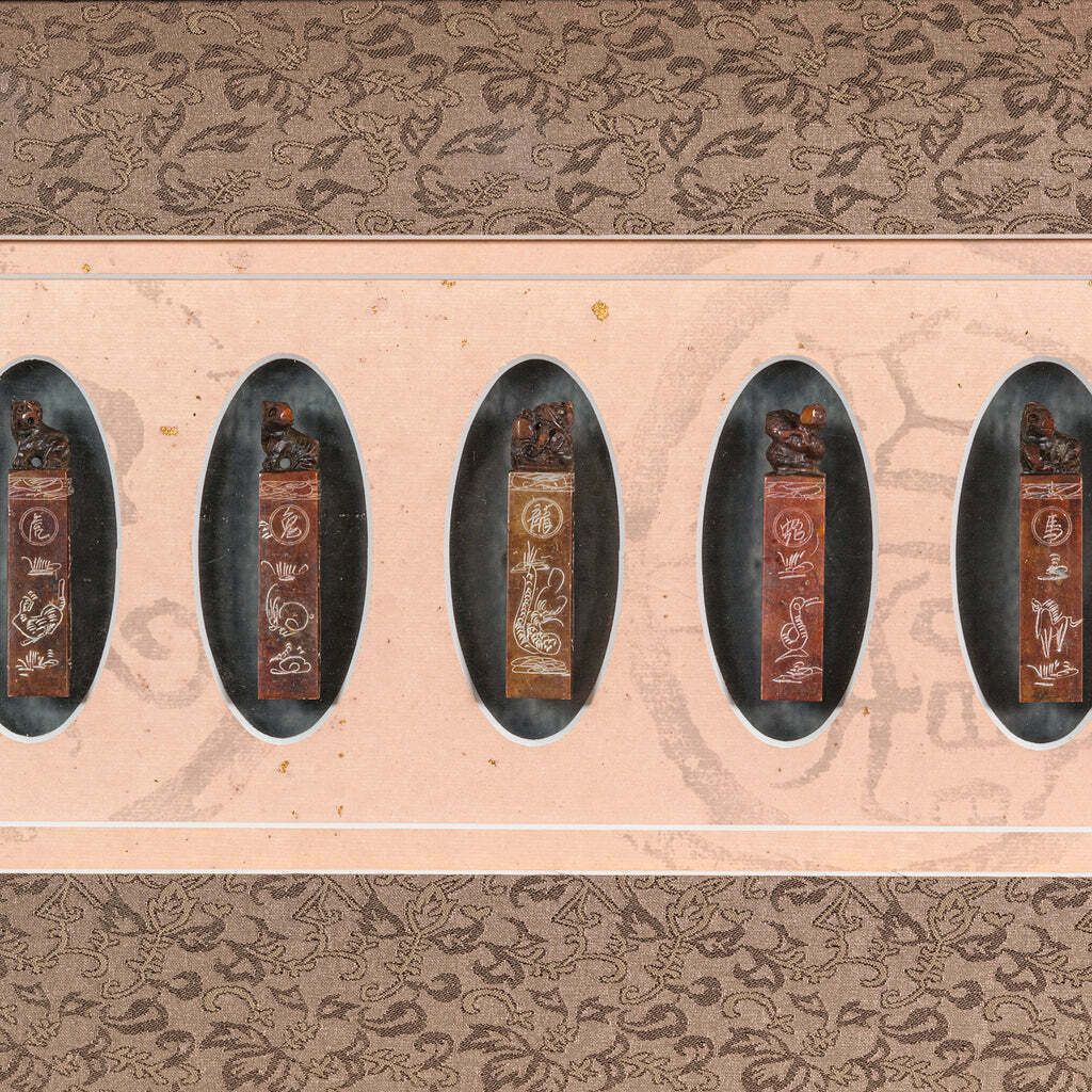 Antique Zodiac Seal Display, Chinese, Soapstone Shengxiao, Oak Frame, Victorian photo 895.0