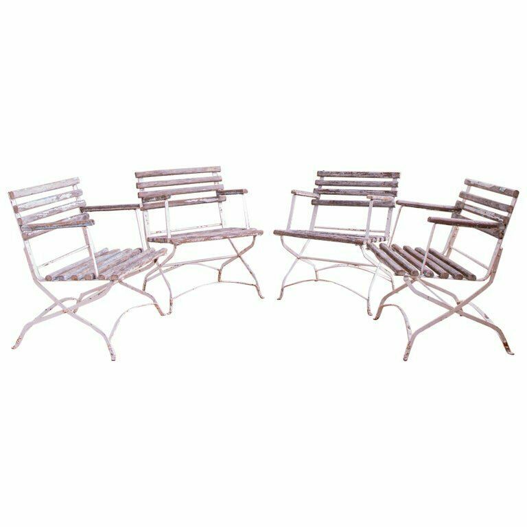 Set Of 4 French Wood Slatted Garden Armchairs With Metal Frame