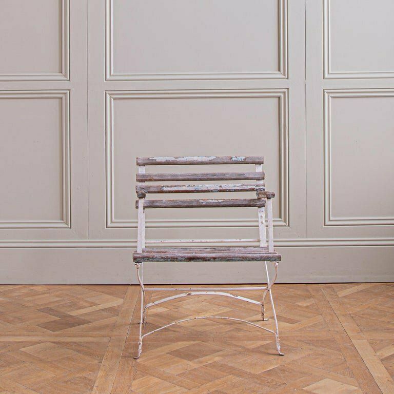 Set Of 4 French Wood Slatted Garden Armchairs With Metal Frame photo Furniture