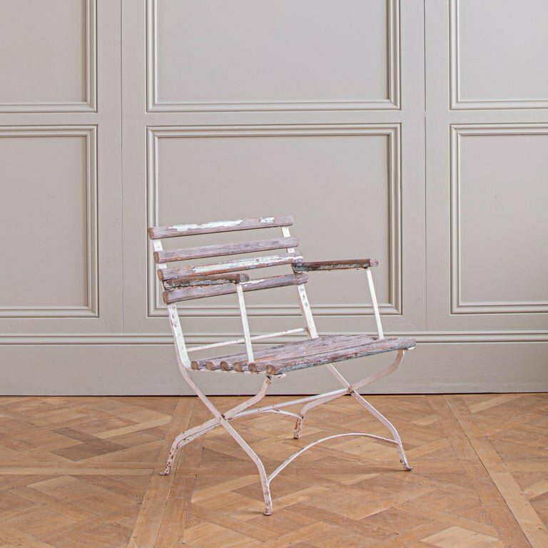 Set Of 4 French Wood Slatted Garden Armchairs With Metal Frame photo buy