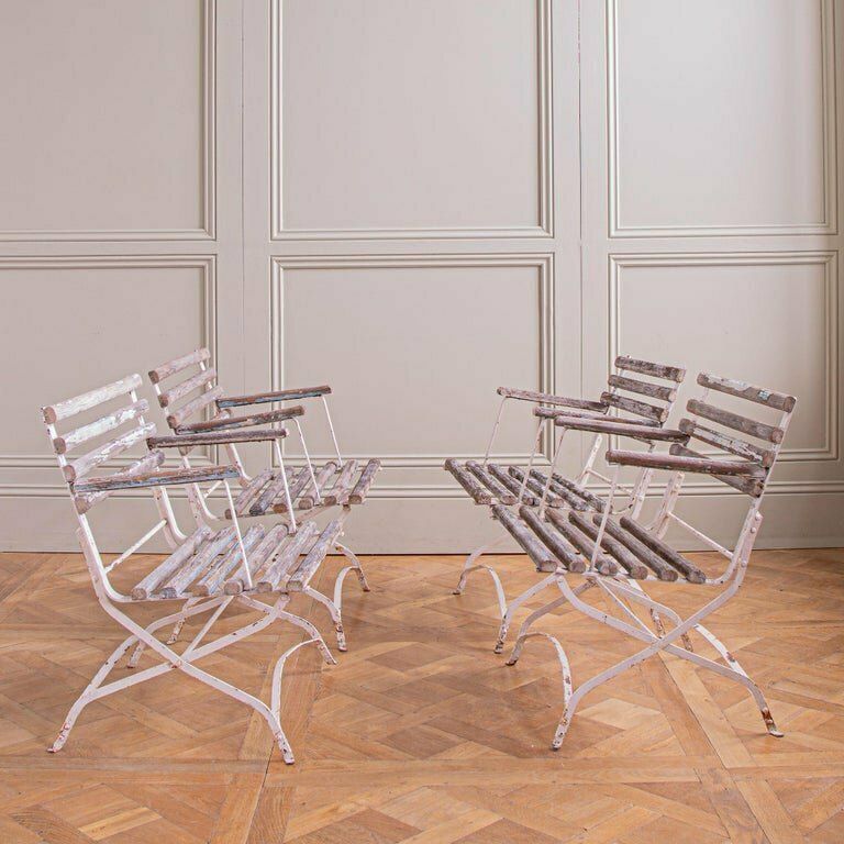 photo for sale Set Of 4 French Wood Slatted Garden Armchairs With Metal Frame