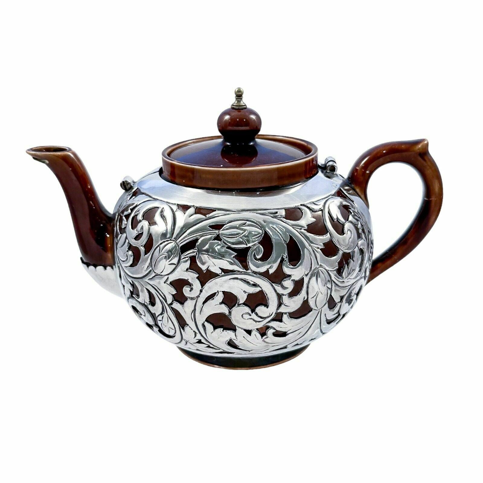 Antique Art Nouveau Lenox Brown Teapot, Stand, Creamer; Sterling Silver Overlay photo furniture