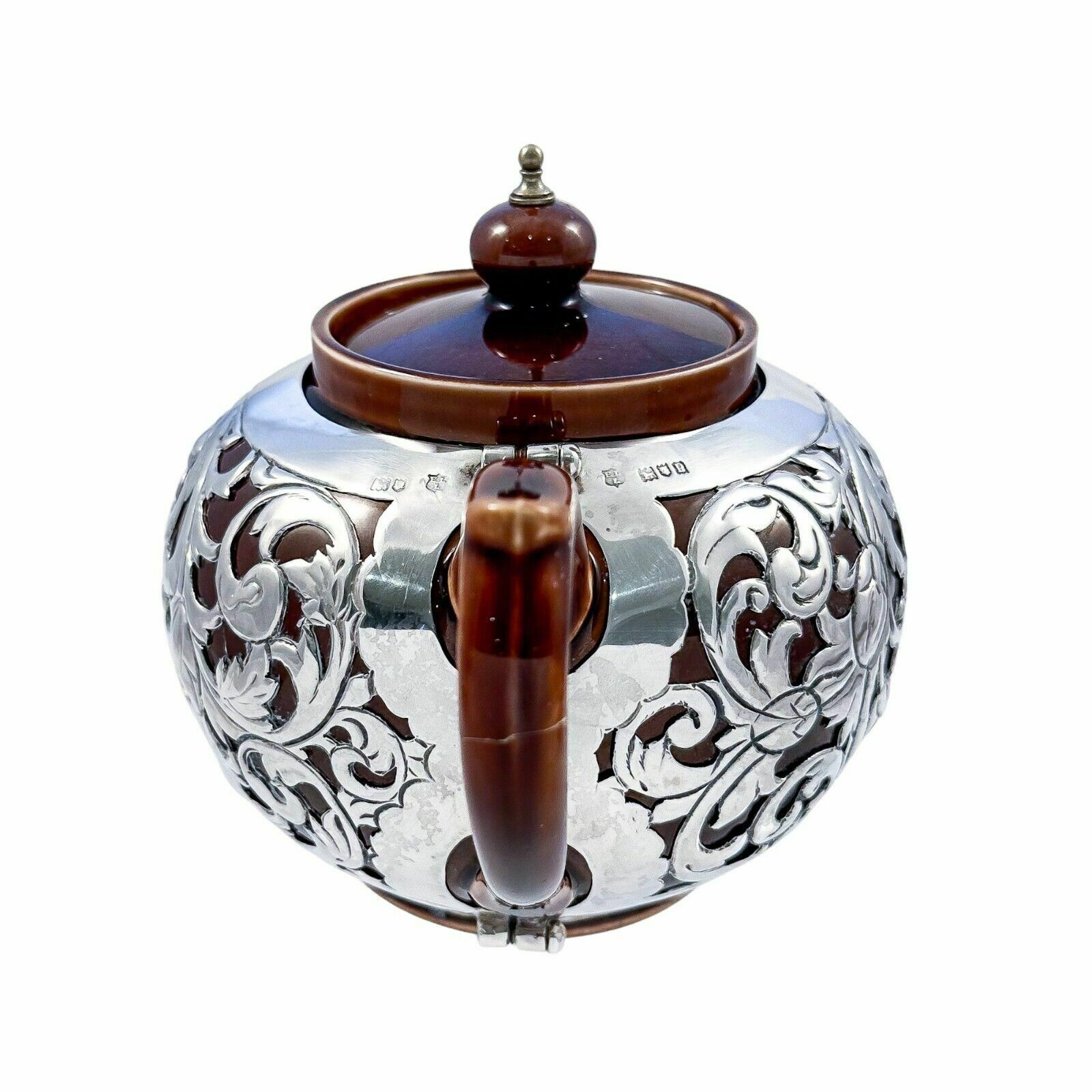 Antique Art Nouveau Lenox Brown Teapot, Stand, Creamer; Sterling Silver Overlay photo 395.0