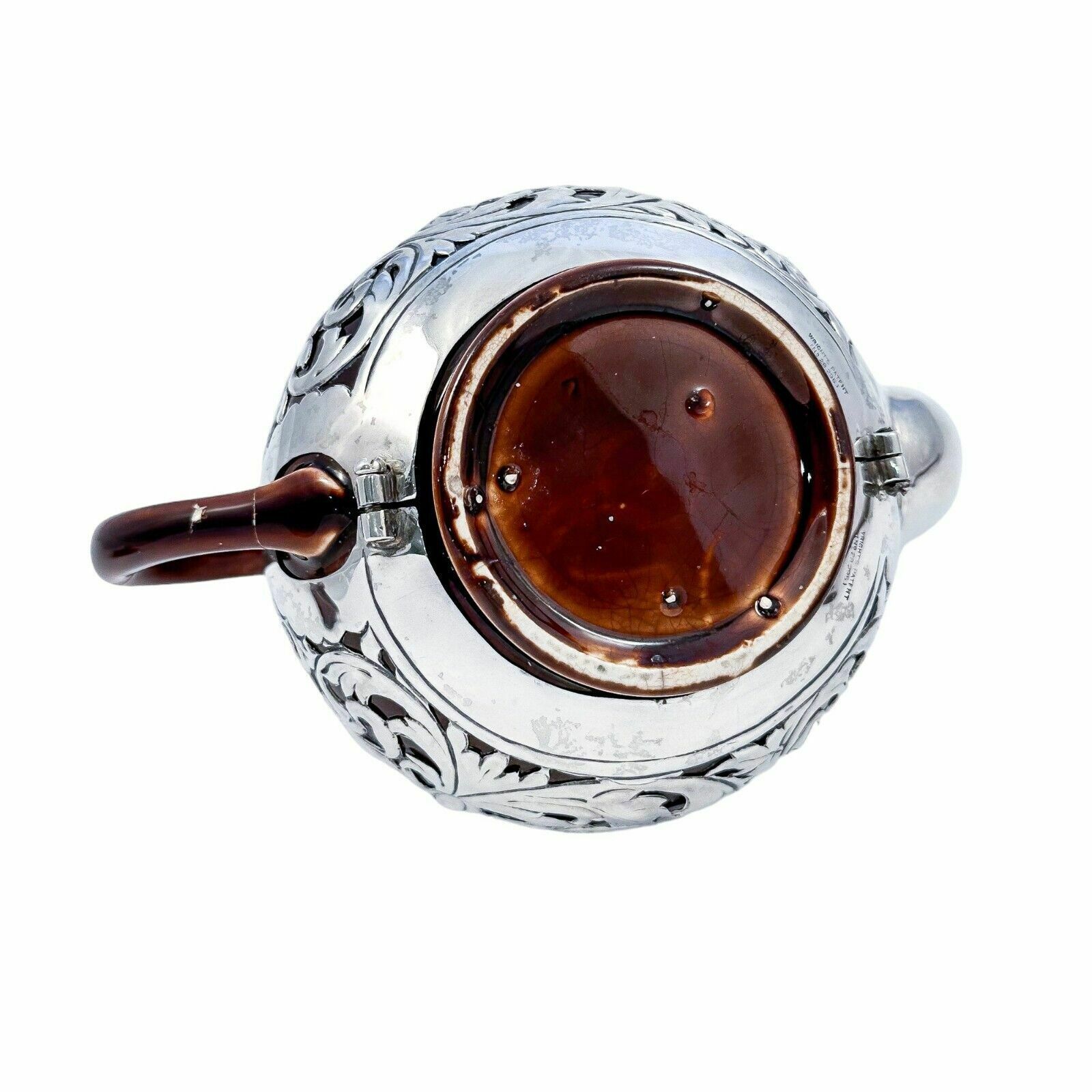 Antique Art Nouveau Lenox Brown Teapot, Stand, Creamer; Sterling Silver Overlay photo buy