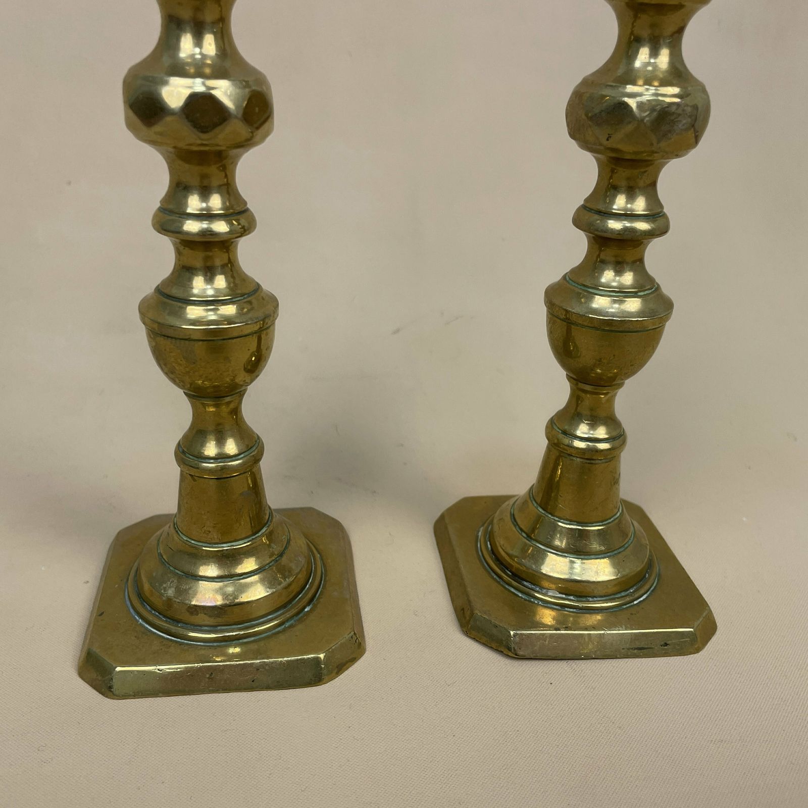 Antique Matching Pair Of Gold Brass Metal Candlestick Candle Stick Vintage Column Taper Dinner Candlesticks Square Base Column photo buy