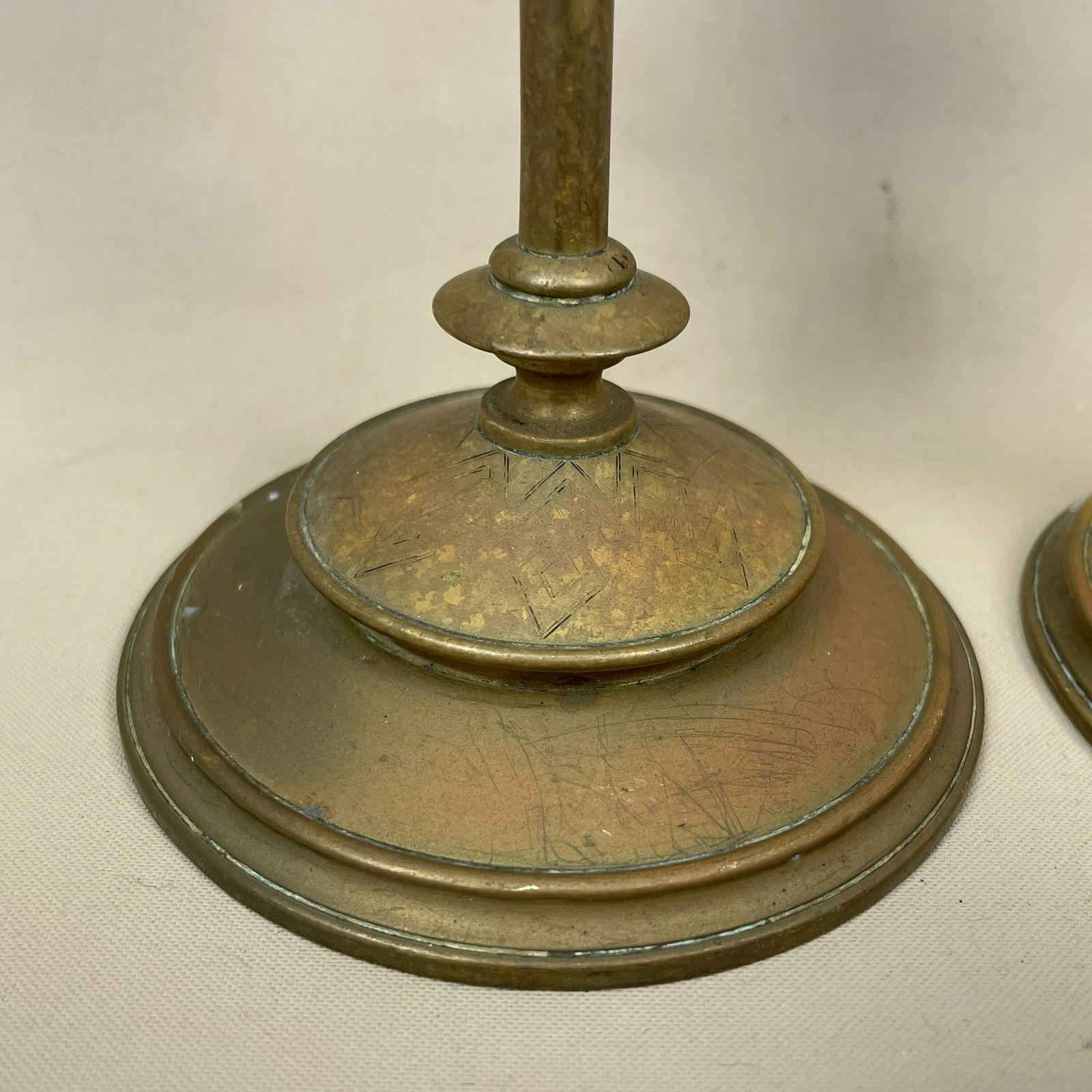 Antique Matching Pair Of Gold Brass Metal Candlestick Candle Stick Vintage Column Taper Dinner Candlesticks Square Base Column photo vinterior