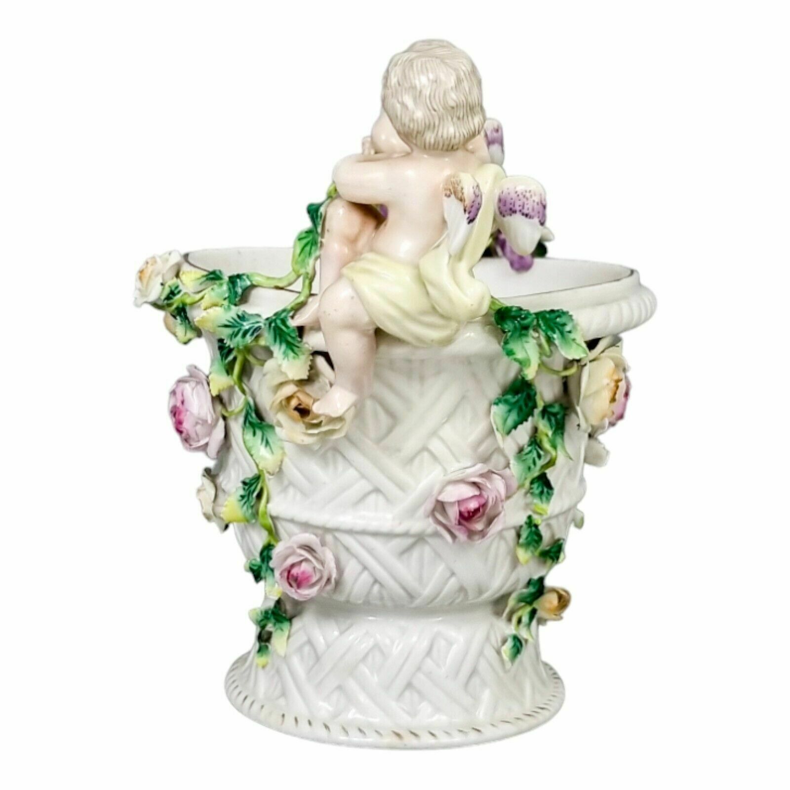19th Century German Porcelain Basket Weave Vase With Rose Garlands And Cherubs photo Home Decor