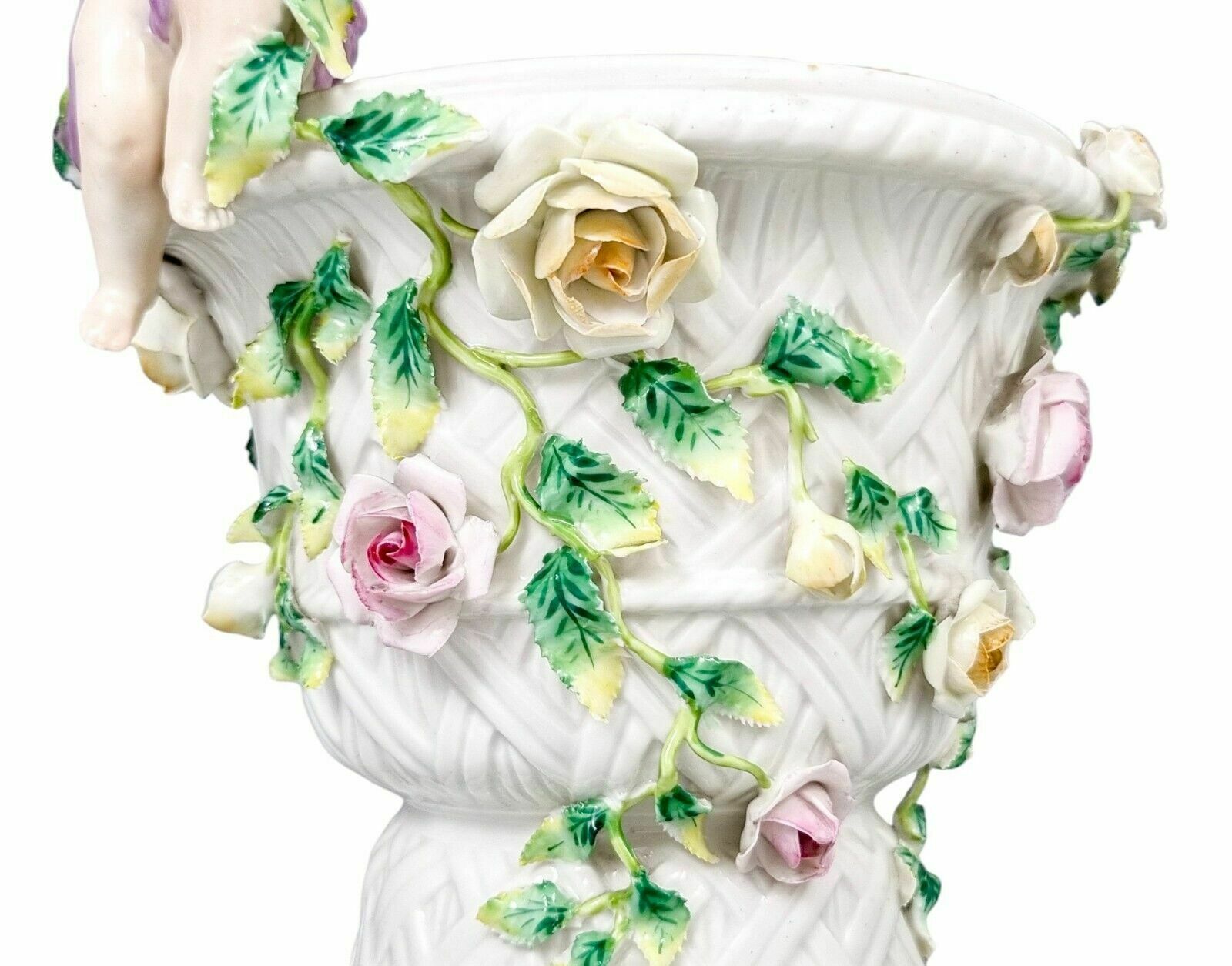 photo buy 19th Century German Porcelain Basket Weave Vase With Rose Garlands And Cherubs