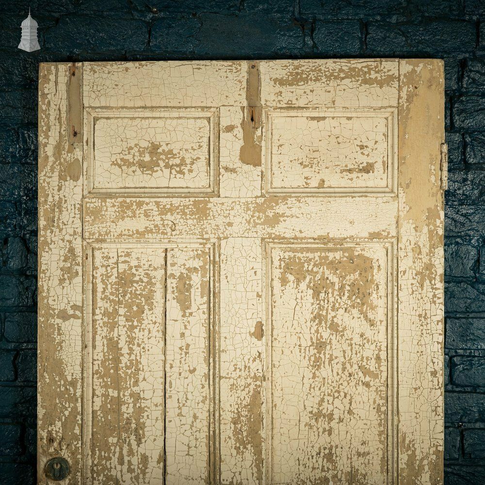 Pine Paneled Door, 6 Moulded Panel Distressed White Painted photo for sale