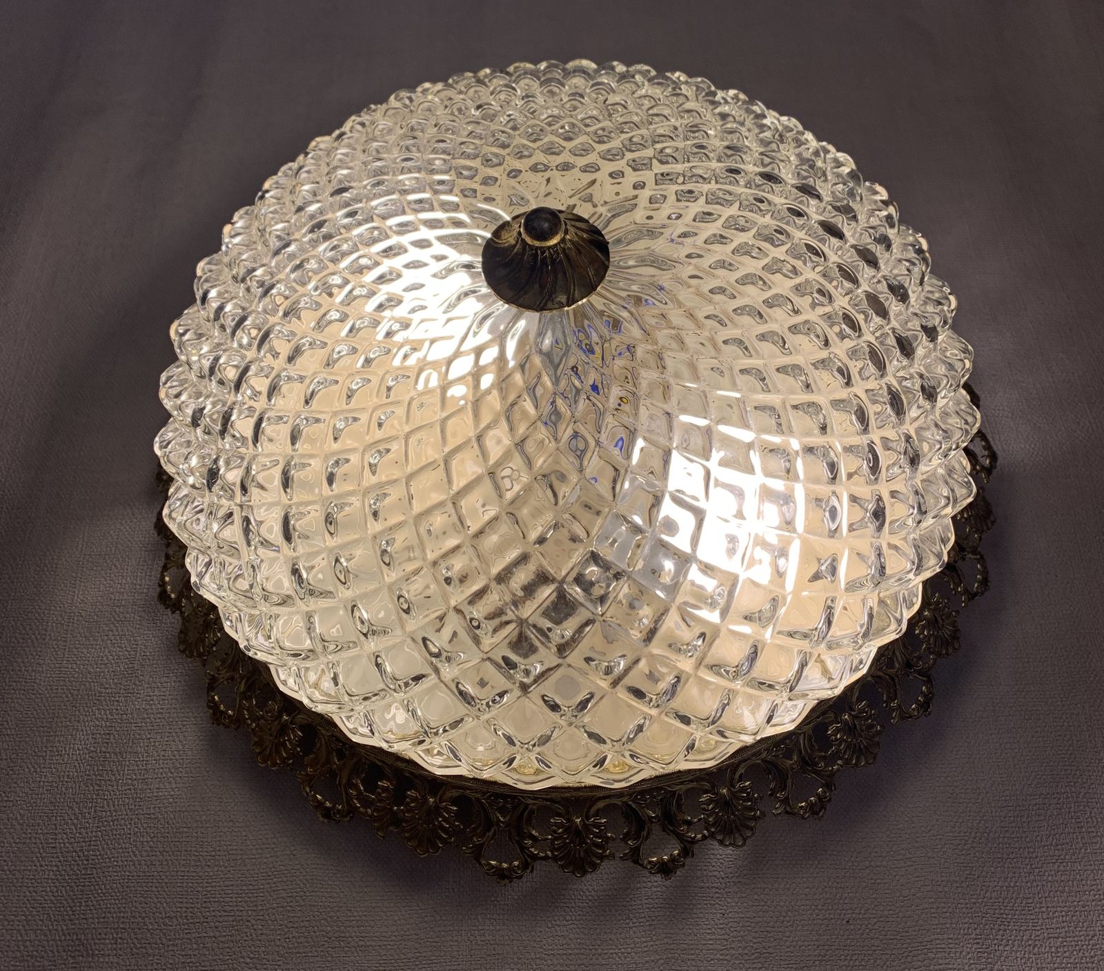 Pair Of 1980s Vintage High Quality Brass And Moulded Glass Ceiling Chandelier Lights