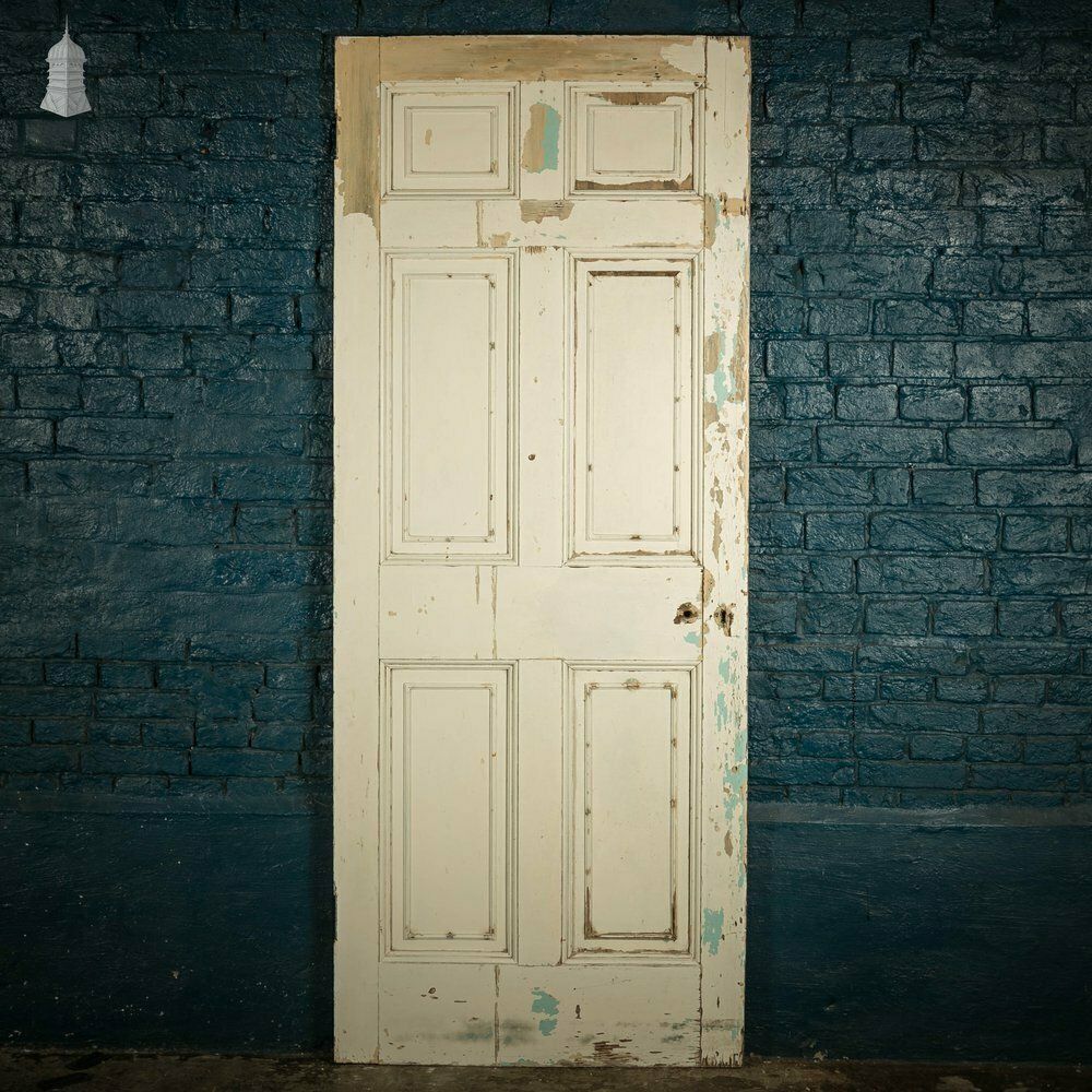 Pine Paneled Door, 6 Moulded Panel White Painted Missing Moulding