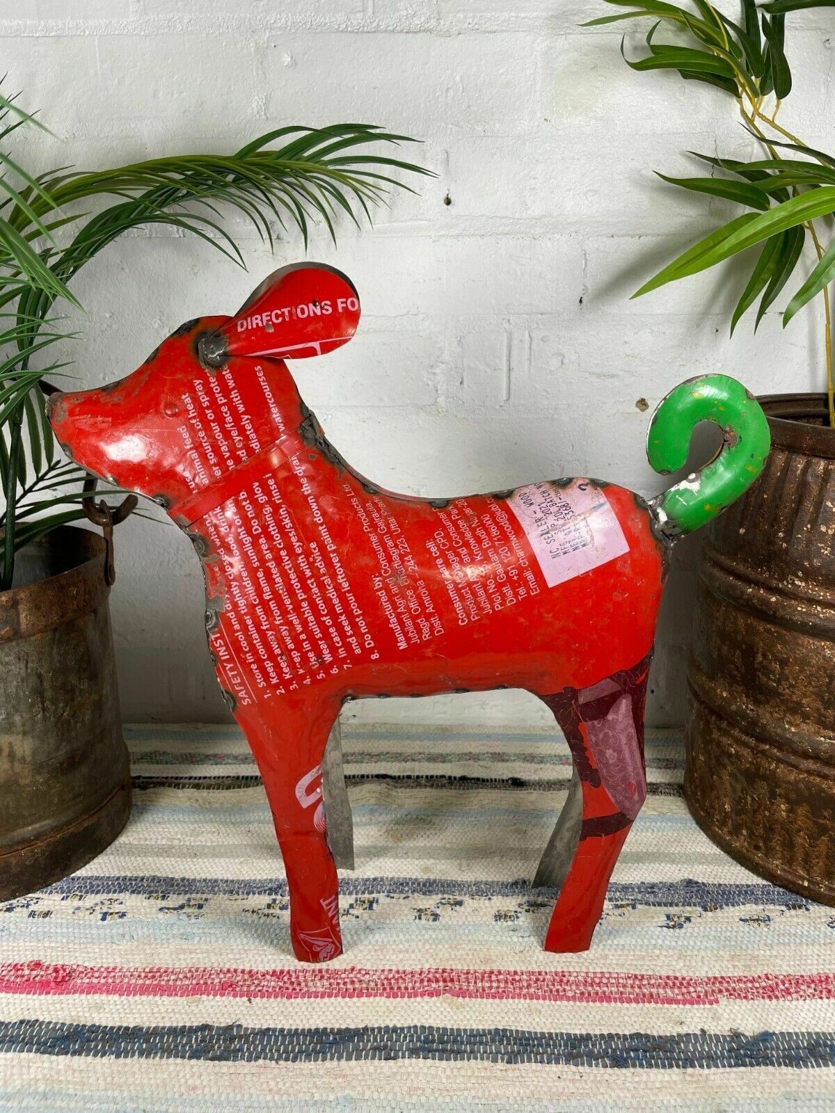 Hand Made Reclaimed Recycled Metal Oil Drum Paint Tin Dog Sculpture Garden photo furniture