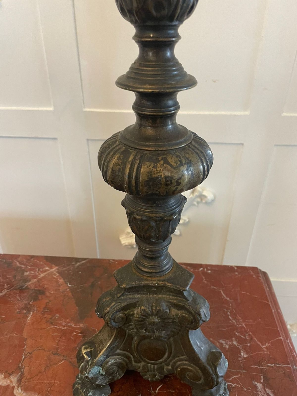 Unusual Pair Of Large Antique Ornate Brass Pricket Candlesticks photo vinterior